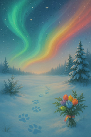 Fantasy winter landscape with snow covered pine forest and a rainbow.の素材