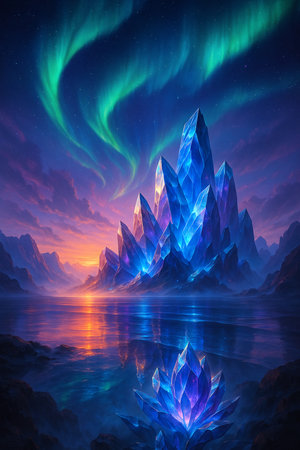 Epic Fantasy Landscape: Northern Lights Over Glowing Crystal Mountains and Ethereal Flowersの素材