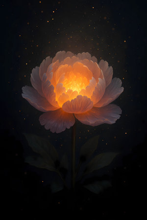 Beautiful peony flower on dark background. Digital painting, illustration.の素材