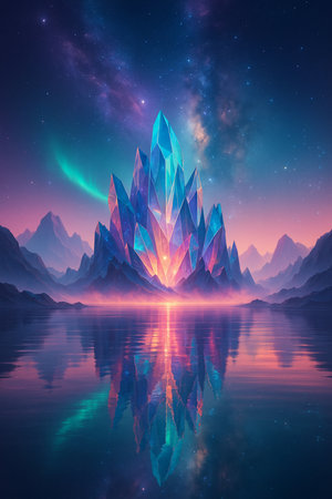 Epic Fantasy Landscape: Northern Lights Over Glowing Crystal Mountains and Ethereal Flowersの素材