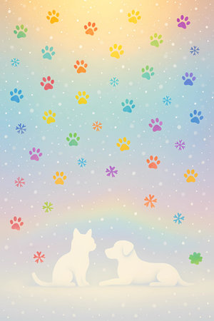 Dog and cat with paw tracks on colorful background. Vector illustration.の素材