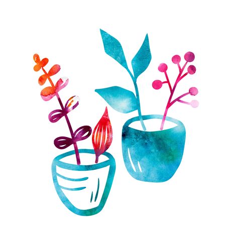 Collage with watercolor plant and vase. Digital picture mixet watercolor collage stylized watercolor.の写真素材