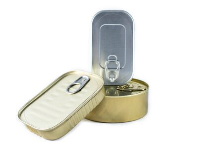 steel and gold beautiful metal tin cans on white background isolated