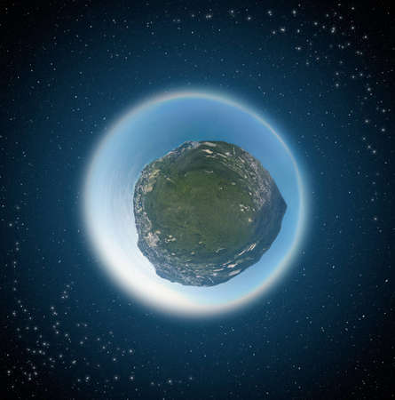 Concept of small planet in space from 360 degree panorama