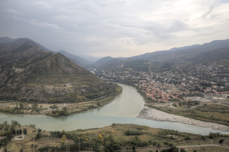 The confluence of the Aragvi and Kura rivers in Mtskheta. Georgia.の写真素材
