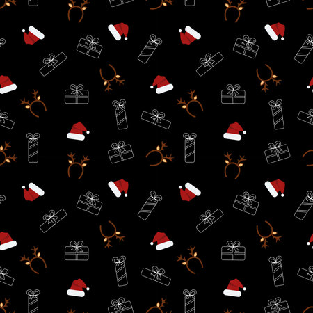 pattern gifts, hats and horns on a black backgroundのイラスト素材