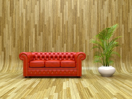 Red classic leather sofa on curved parquet の写真素材