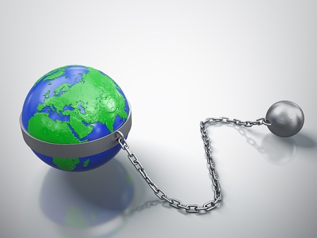 3D render of Earth in chains isolated on white background の写真素材