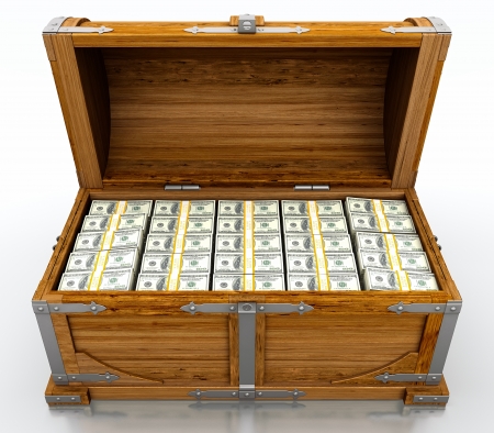 Treasure chest full of dollar bills on white backgroundの写真素材