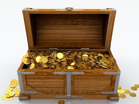 Treasure chest full of golden coins on white backgroundの写真素材