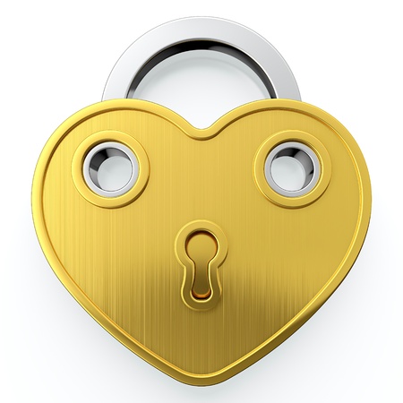 Golden padlock in form of heart on white backgroundの写真素材