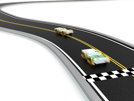 Competition between cars made of money on speedwayの写真素材