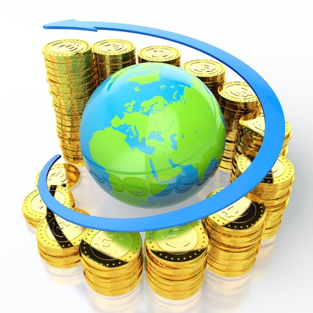 Growing stack of golden coins with earth in centerの写真素材
