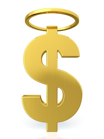 3D render of golden dollar sign with halo above itの写真素材
