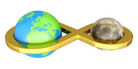 3D render of Earth linked with Moon isolated on white backgroundの写真素材