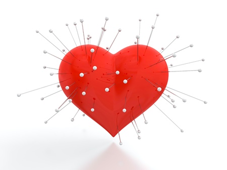3D render of red heart with needles on white backgroundの写真素材