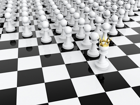3D render of white pawn with golden crown leading it armyの写真素材
