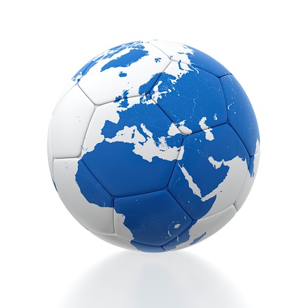 3D render of soccer ball with earth map on white backgroundの写真素材