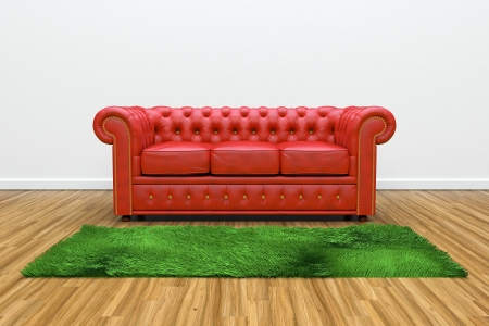 3D render of red leather sofa and green carpet on wooden parquet.の写真素材