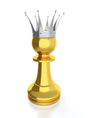 3D render of golden pawn with silver crown isolated on white background.の写真素材