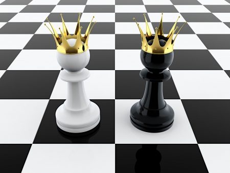 3D render of black and white pawn kings on chessboardの写真素材