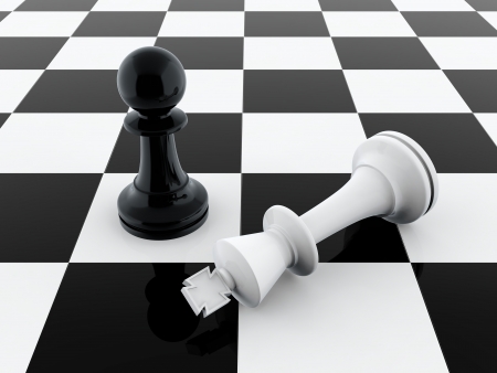 3D render of black pawn defeating chess kingの写真素材