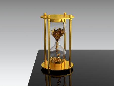 3D render of hourglass with golden coins on black tableの写真素材