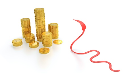 3d render of gold coin stack with red arrow snake on white backgroundの写真素材