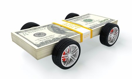 3D render of money car on white backgroundの写真素材