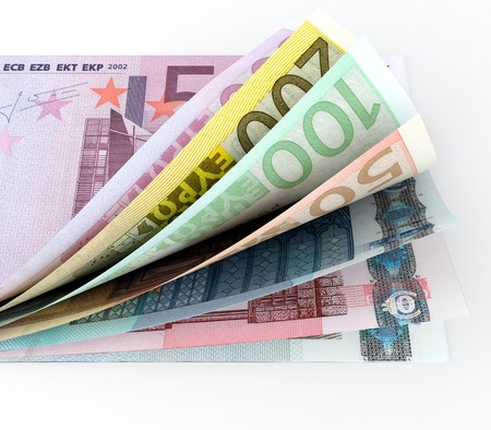 3D render of European currency on white backgroundの写真素材