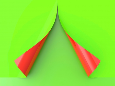 3D render of half red and half green curled paperの写真素材