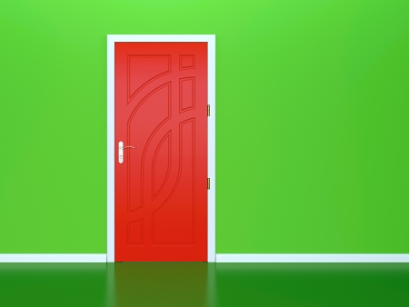 3D render of red door in green wallの写真素材