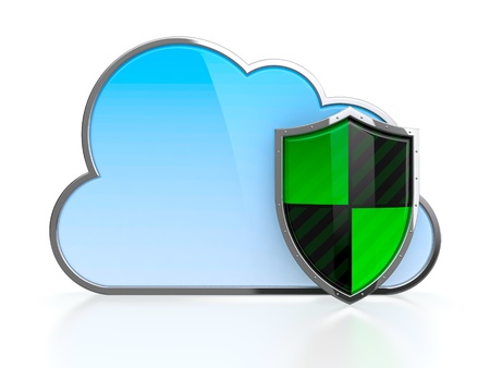 3d illustration of computer cloud protected by green shieldの写真素材