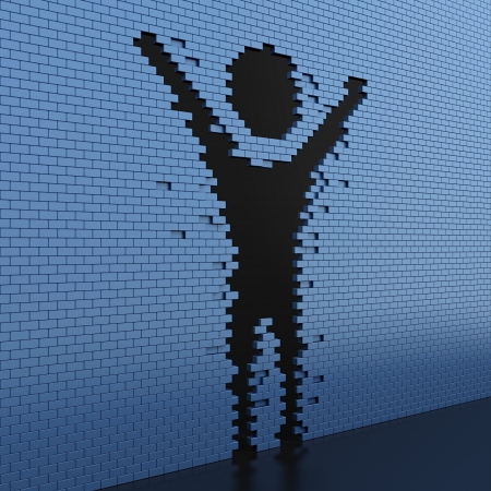 3D illustration human shaped hole in the blue brick wallの写真素材