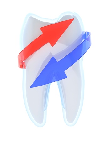 3D illustration of tooth with red and blue arrows - tooth protectionの写真素材