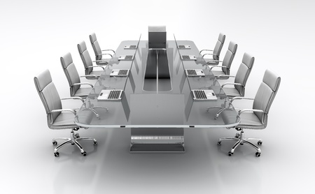 3D render of conference table from glass with white leather chairs.の写真素材