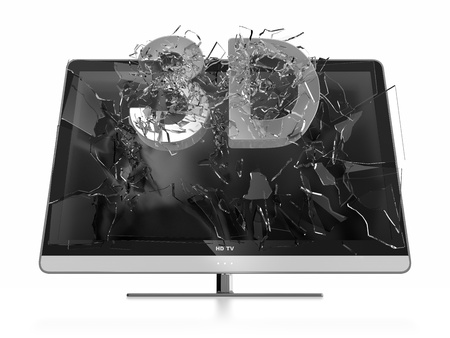 Illustration of 3D text breaking TV screen. Stereoscopic TV.の写真素材
