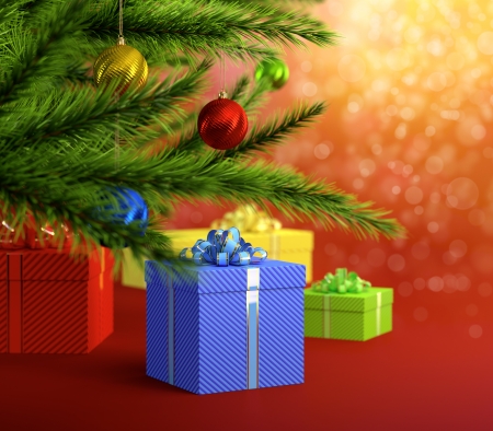 Abstract image on Christmas theme with christmas balls tree and gift boxesの写真素材