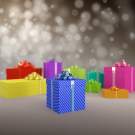 3D illustration of different coloured gift boxes on dark backgroundの写真素材