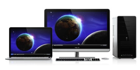 3D illustration of modern personal computer and laptop with space wallpaper on screen isolated on white backgroundの写真素材