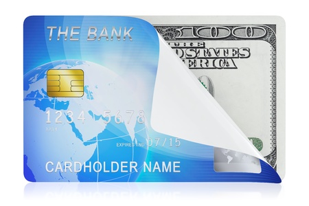 3D illustration of blue credit card concept isolated on white backgroundの写真素材