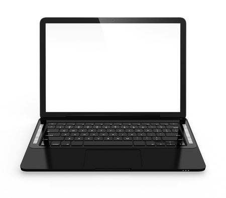3D image of modern black laptop isolated on white backgroundの写真素材