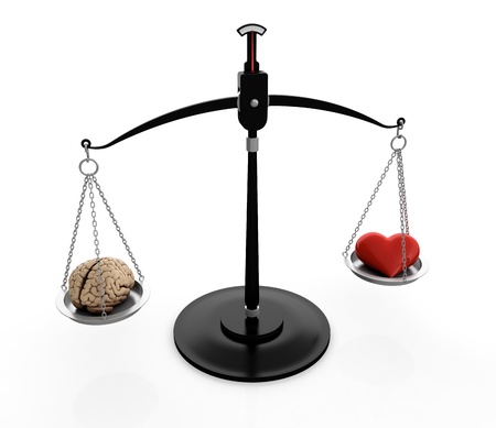 3D illustration of brain and heart on scales isolated on whiteの写真素材