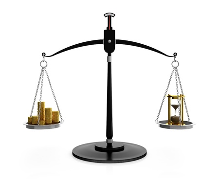 3D illustration of hourglass and gold coins on scales. Time is money conceptの写真素材
