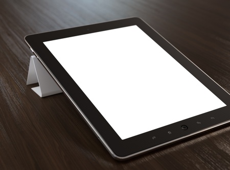 3D illustration of modern tablet computer on wooden desk.の写真素材