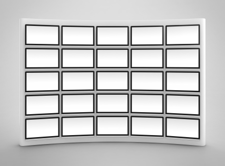Computer generated image of blank presentation screen wall on gray backgroundの写真素材