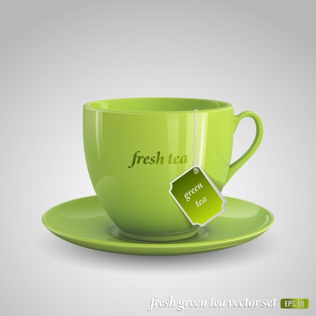 Realistic vector image of green cup of tea on gray background.のイラスト素材
