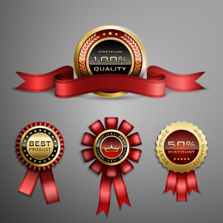 Vector set of red award ribbons and golden medalsのイラスト素材
