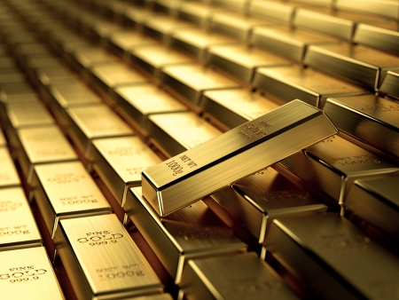 3d render of gold ingots in a row, wealth concept の写真素材