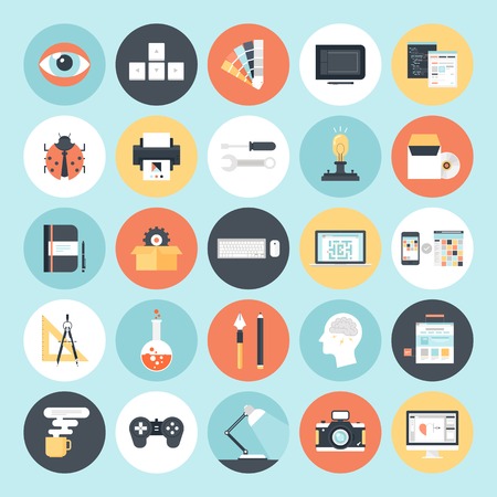 Abstract flat vector icons of design and development concepts. Elements for mobile and web applications.のイラスト素材